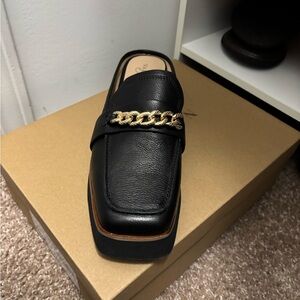 Naked Feet Black Leather Loafer with Gold Chain Accent